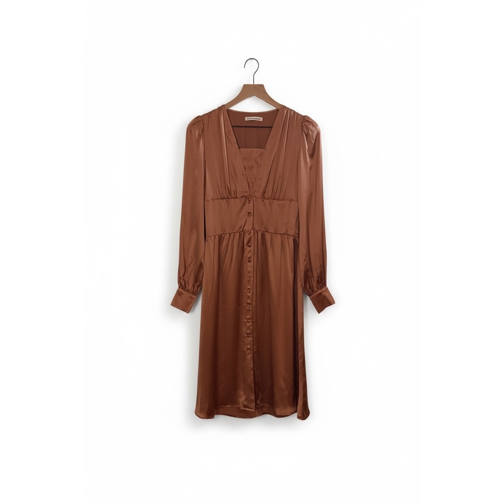 Reformation | Nicola Praline Satin Midi Dress Brown V-Neck Long Sleeve